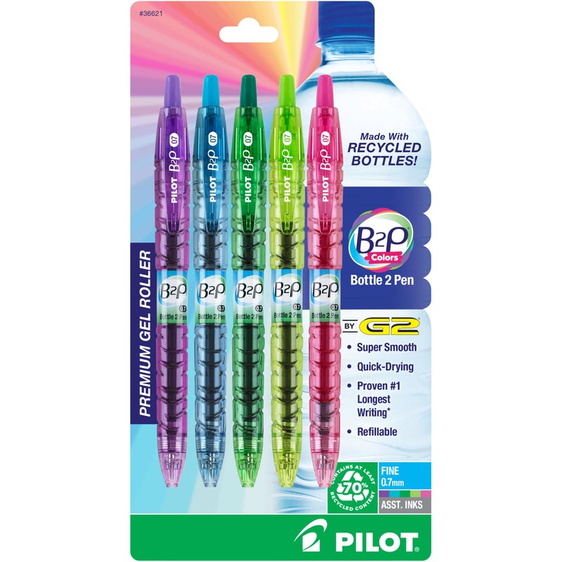 PILOT B2P Colors - Bottle to Pen Refillable & Retractable Rolling Ball Gel Pen Made From Recycled Bottles, Fine Point, Assorted Color G2 Inks, 5-Pack (36621) - Image 1